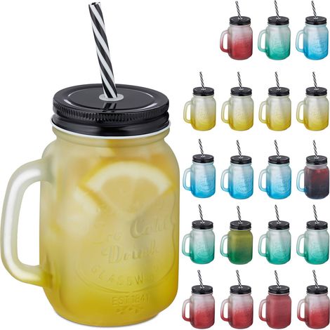 Jarre avec Paille et Couvercle, Lot de 20, 400 ML, Design givré, Verre avec Anse, gobelet, Multicolore - Noir (1/5)