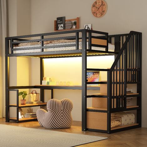 Metall Hochbett 90x200 cm mit Schreibtisch und Stauraumtreppe, schwarzes Eisenbett mit LED, Steckdose und Regalen, 120kg Tragkraft (1/5)