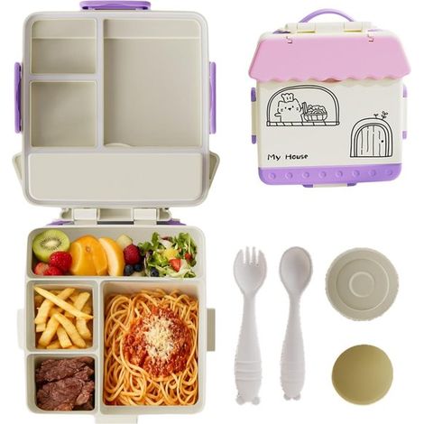 Bento Lunchbox Voor Kinderen - 4 Vakken Lekvrij Peuter Bento Boîte Voor School - Lunchcontainer Met Snack & Sausbakje - Magnetronbestendig Bpa-Vrij (1/5)