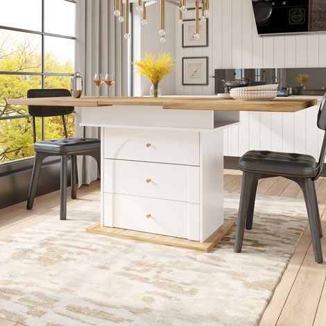 Mesa de comedor extensible 110-140x80x75 cm blanco y natural en MDF con almacenaje y cierre suave (1/5)
