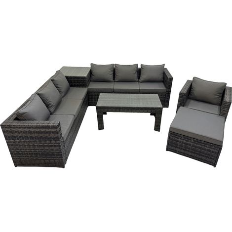 Fimous Garden Rattan Outdoor Furniture Set 8 Seater Patio Corner Sofa Oblong Coffee Table with Chair Big Stool Side Table Dark Grey (1/5)