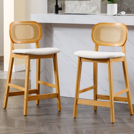 Wahson 2er Set Barhocker aus Teddystoff, Rattan-Rücklehne gepolstert Bistrohocker Tresenhocker Küchenhocker Bar Stools für Küche/Esszimmer, Beige