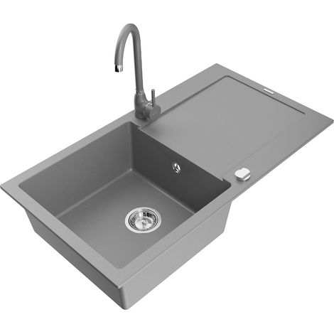 Mexen Leo évier en granit 1 bac avec égouttoir et robinet de cuisine Telma, gris - 6501-71-670200-71 (1/5)