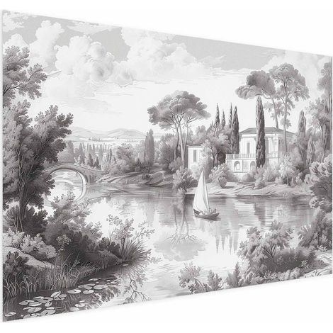 Póster - Paisaje vintage en blanco y negro con un estanque (1/4)