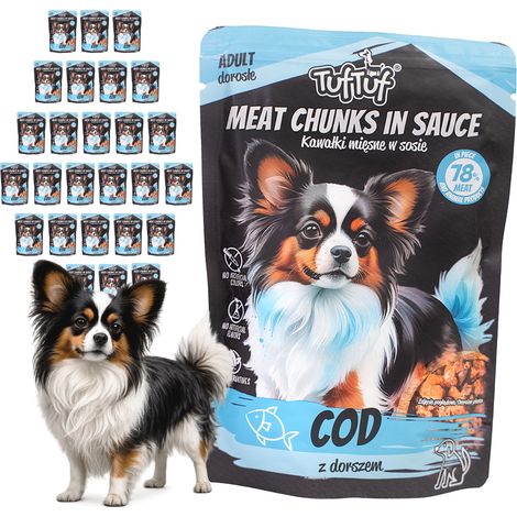 Cibo umido per cani TufTuf, confezione da 30 pezzi di merluzzo da 100 g ciascuno, con spezzoni di carne essiccata. (1/2)