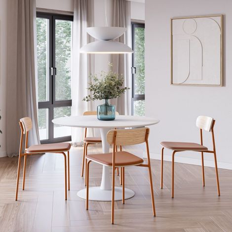 Table ronde blanche + 4 chaises bois et métal brique - CANTIQUE (1/5)