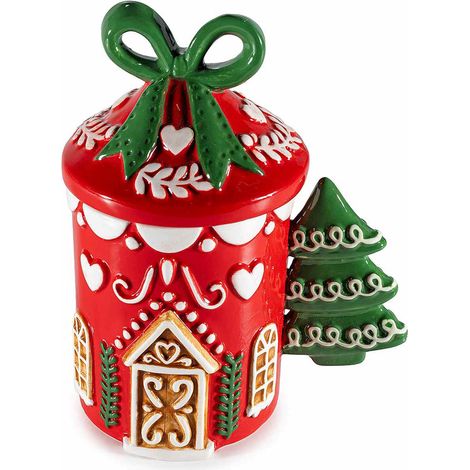 Tazze in ceramica con manico ad albero di Natale, decori a casetta in rilievo e coperchio con fiocco, Ø 9 cm x 10,5 H