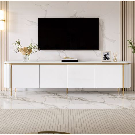 Mobile TV bianco in MDF con 6 ante, passacavi e gambe in ferro 180 x 38 x 46 cm OKWISH (1/5)