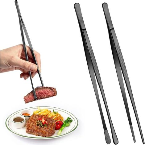 Lot de 2 PcsPince Cuisine Inox Professionnel, 30 cmPince de Cuisine, Pince Barbecue, Pince Alimentaire Cuisines, Pinces à Griller en Acier Inoxydable pour Barbecue Grillades Service (Noir) (1/5)