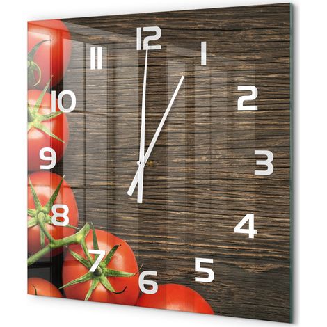 Grande Horloge Murale Carrée Déco Salon Verre Trempé Silencieuse Design Contemporain Tomates sur bois 60x60 cm (1/5)