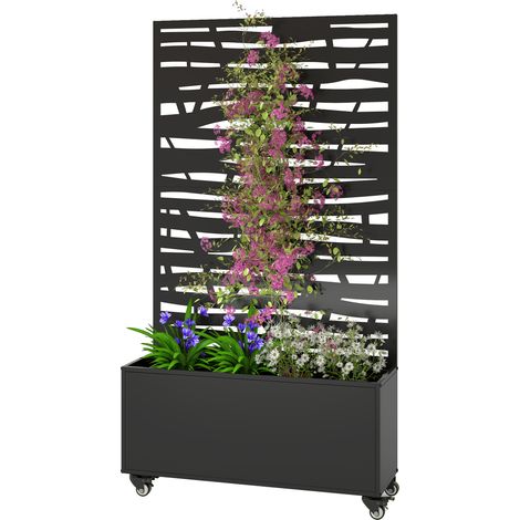 Jardinière avec treillis, bac à fleurs en métal avec brise-vue et roues, treillis découpé en lattes, 90x30x160cm, noir (1/5)