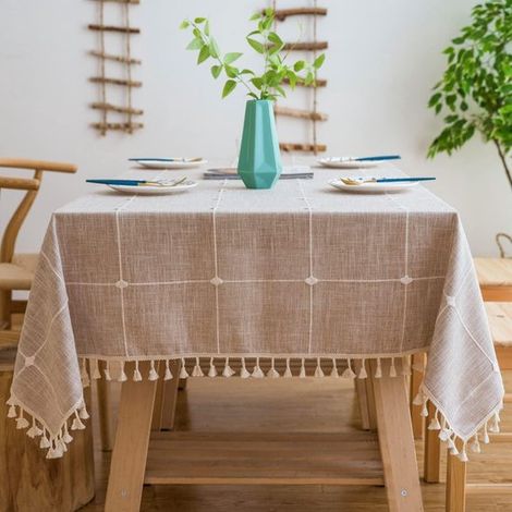 Tovaglia a quadri con nappe, in cotone e lino lavabile e impermeabile, disponibile in versione quadrata e rettangolare, adatta per feste e per l'uso quotidiano. (1/2)