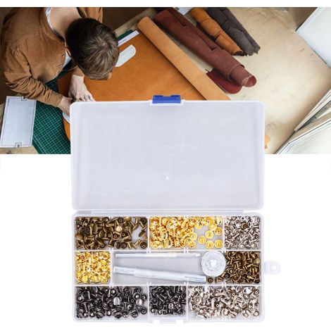 Ensemble de 240 rivets en cuir, tubes de rivets Alritz à double capuchon, 4 couleurs, 2 tailles de rivets métalliques, avec outils de fixation. (1/5)