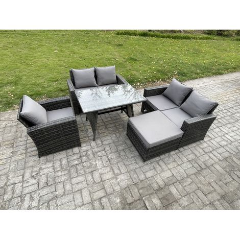 Fimous 6 Seater Wicker PE Rattan Garden Dining Set Outdoor Furniture Sofa with Rectangular Dining Table Double Seat Sofa Big Footstool Dark Grey Mixed (1/5)