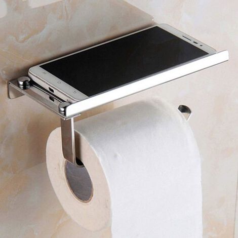 Porte-papier toilette mural en acier inoxydable avec support pour téléphone et étagère (1/3)