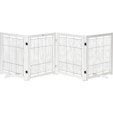 Grille de séparation animaux autoportante 4 panneaux pliable 305×82cm en bois, barrière protection escalier porte couloir couleur blanche