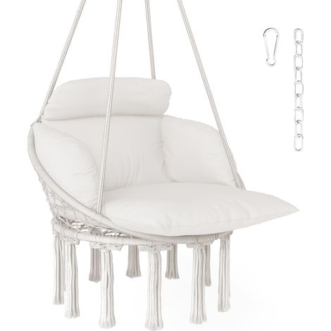 Outsunny Hanging Chair Outdoor Hammock Chair with Soft Cushion, Cotton Rope Boho Style Swing Chair, Hanging Garden Swing Seat for Indoor Outdoor, Cream White