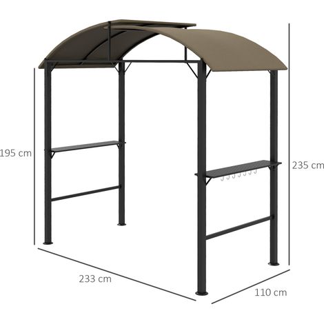 Pavillon barbecue barbecue 1,1 x 2,3 m étanche avec toit en polyester et étagères latérales pour barbecues jusqu’à 100 cm en acier kaki (1/5)