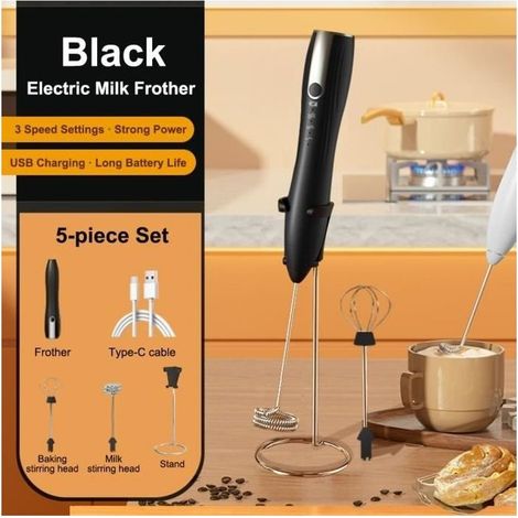 (noir/vert/blanc)Mousseur à lait Rechargeable - 2 têtes interchangeables - Acier inoxydable - 3 vitesses (1/4)