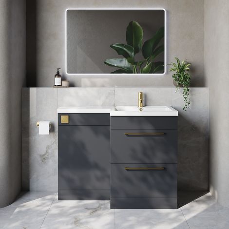 Napoli 460 Gloss Grey 1100mm 2 Drawer Vanity Unit Toilet Suite with Right Hand Square Lucia Basin - 1100mm - Brushed Brass 320mm HandleWithout Kingston Toilet Pan
