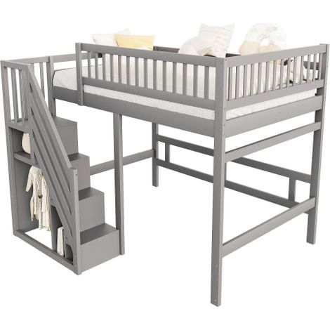Etagenbett Aus Massivholz, Mit Hohem Sicherheitsgitter, Mit Lattenrost, Sicherheitsleiter mit Stauraum, Mit Stauschubladen, Kinderbett Jugendbett