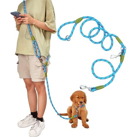 Guinzaglio per cani a mani libere, 2,3 m, in corda, riflettente, per cani di taglia grande, media e piccola, per camminare, fare jogging e correre - Bleu (1/5)