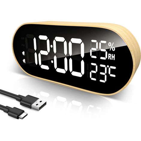 QAZQA Réveil Numérique LED, Horloge Numérique Bois avec Fonction Snooze/2 Alarmes/Température/Humidité, Réveil Matin Alimenté par USB Salon/Chambre/Bureau (1/4)