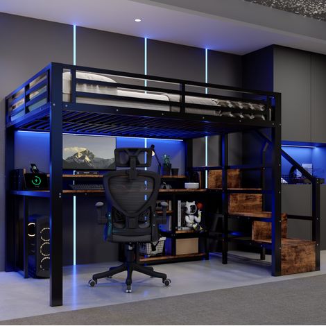 Letto a soppalco 255.5x146x160.5 cm, con armadio a scala e ripiani, USB e Type C, barra LED, metallo MDF nero (1/5)