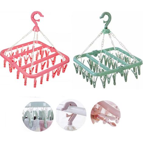 Etendoir Chaussette, 2PCS Etendoir A Linge A Suspendre Clips Sechoir Portable Etendoir Plastique avec 40 Clips pour Chaussettes sous-Vetements Vetements Serviettes(Rose,Vert) (1/5)