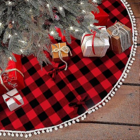 Falda para árbol de Navidad a cuadros de búfalo de 48 pulgadas, roja y negra. (1/5)