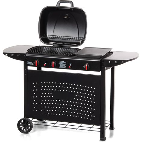 Barbecue a Gas Cheffo a 3 Fuochi Accensione Piezoelettrica 130,5x50,5x93 cm Potenza 8,5 kW in Acciaio Nero (1/5)