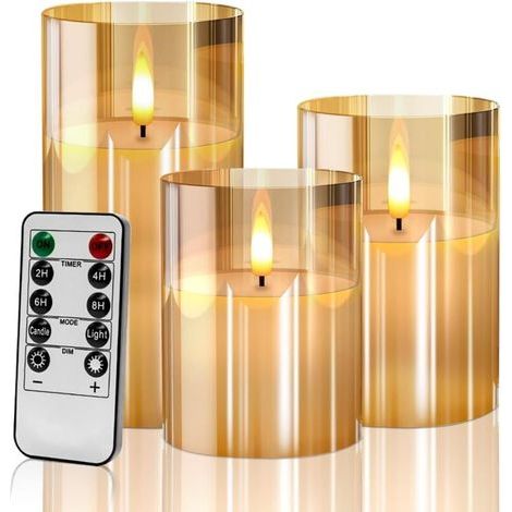 Bougies LED Sans Flamme, Flamme LED Clignotant Effets Réalistes Avec Télécommande Minuterie, Décoration Mariage,Fêtes,Intérieure Extérieure, (3PCS Bougies 4"/5"/6”) - Dorée [Classe énergétique A] (1/4)