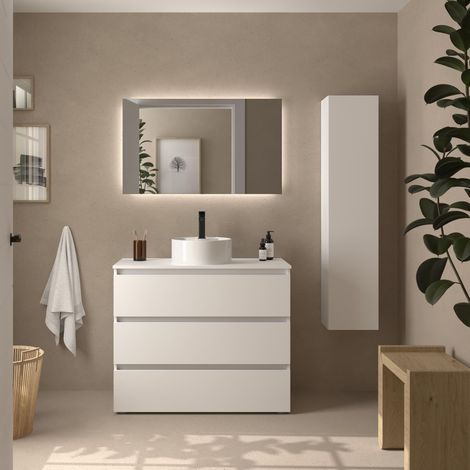 Meuble de salle de bain BEQUIA 3C 100cm Blanc mat Vasque à poser Porcelaine Centrale (1/5)