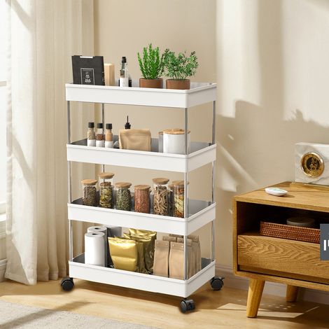 Étagère Salle de Bain 4 Étages Blanc en PP avec Roulettes Verrouillables – Mobile, Stable et Design – Organisation Pratique  – 26x15x43cm (1/5)
