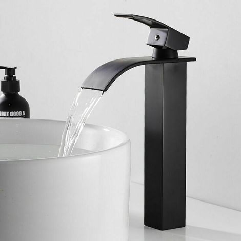 Noir Robinet Cascade avec Haut Bec Mitigeur Lavabo Haut Mono-trou Robinetterie Lave-mains avec Levier Unique en Cuivre Mélangeur l'Eau Chaude et Froide pour Salle de Bain.- Mitigeur de lavabo