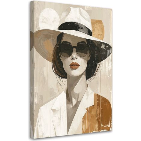 Tableau Moderne, Femme avec un chapeau de style boho beige,60x90 (1/4)