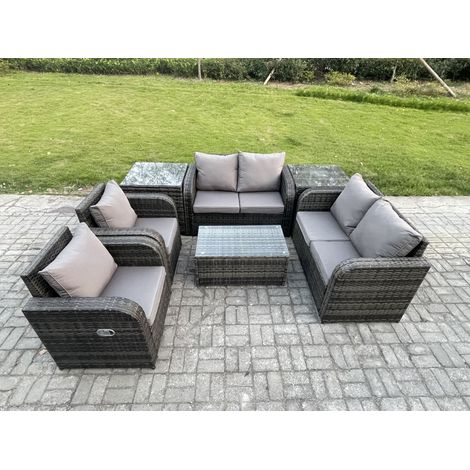 Fimous Rattan Garden Furniture Set Patio Outdoor Lounge Sofa Set with 2 Reclining Chairs Rectangular Coffee Table 2 Side Tables Dark Grey Mixed