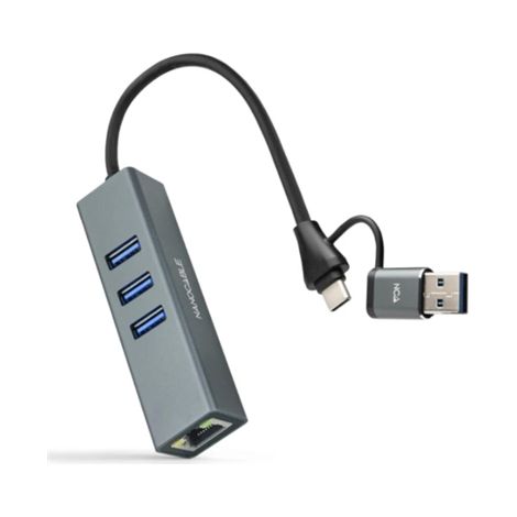 Nanocable Conversor USB-C+USB-A/M 3.0 a Ethernet + 3xUSB-A 3.0, Aluminio, Gris, 15 cm
