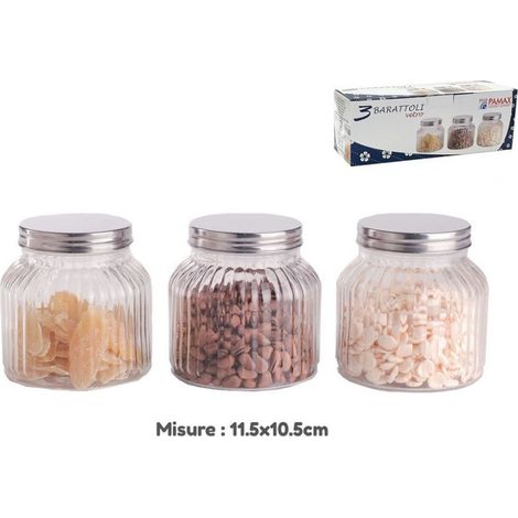 Trade Shop - Juego 3 Tarros De Cristal Tris Tapa De Aluminio Recipientes Para Galletas 11.5x10.5cm -