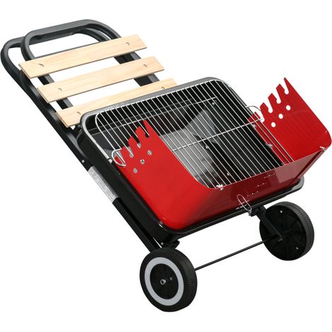 Charcoal Trolley BBQ Barbecue Grill Patio Camping Picnic Garden Party Outdoor Cooking with Windshield Wheels Side Trays, Black/Red (1/5)