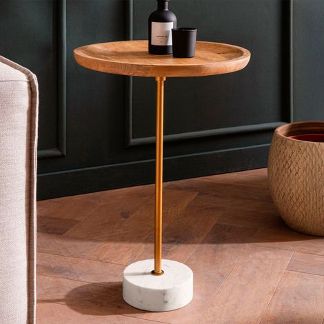 Table d'appoint ronde en manguier, marbre blanc et métal doré (1/5)