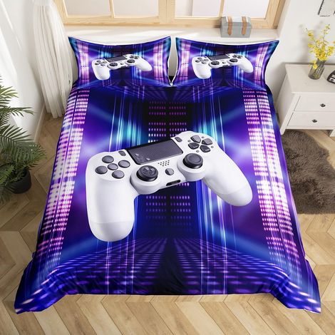 Gaming Housse de Couette Jeux Gamer Parure de Lit 140x200cm pour Enfants Garçon Chambre Plateau de jeu blanc Literie Jeu Vidéo Flash Décor Ensembles de Housse de Couette Contrôleur de Jeu Bleu Violet (1/5)
