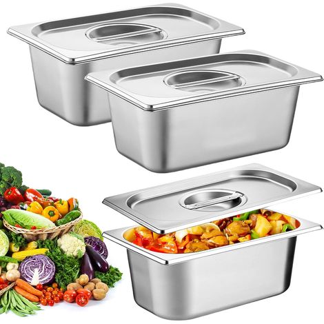 Lot De 3 Bac De Cuisson En Inox 1/3 Bac Inox 32,5x17,5x6,5cm Plat Rectangulaire Ensemble De Récipients En Acier Inoxydable Bols À Paner Avec Couvercle Récipient Gastronorme Pour Nourriture (1/5)