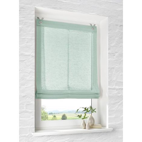 Roman Blind with Eyelets Semi-Transparent Green Linen Look Hanging Hook No Drilling Width 60 cm x Height 140 cm (1/5)