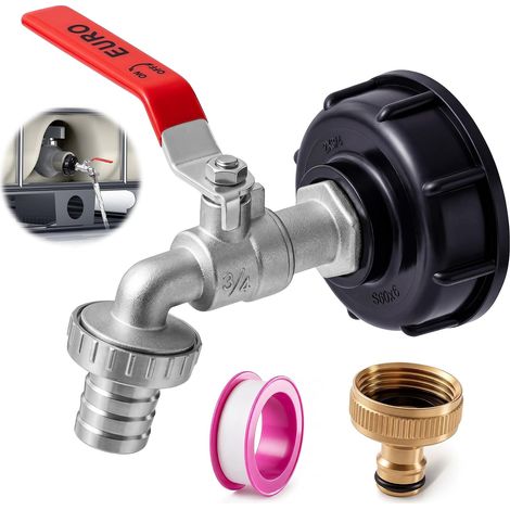 Grifo para tanque de 1000L, Adaptador para tanque de aleación de aluminio de 3/4", Conexión para tanque de 1000 litros, Grifo para jardín con adaptador de latón, Grifo para tanque IBC S60X6 para grifo (1/5)