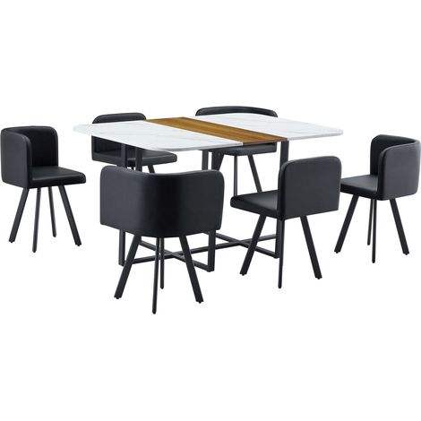 Ensemble repas 7 pièces avec table en mélamine et chaises rembourrées PU, cadre en métal noir (1/5)