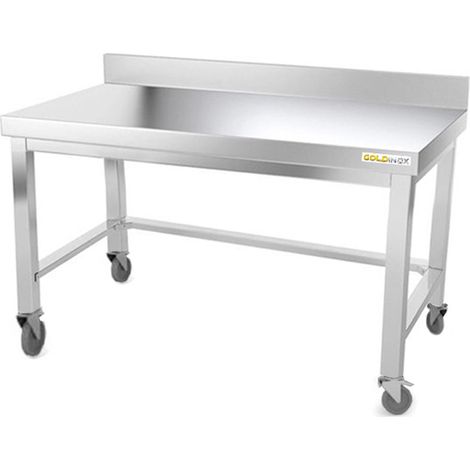 Table de travail en inox soubassement 1500 x 500 mm adossée avec renfort sur roulettes PREMIUM - GOLDINOX (1/4)