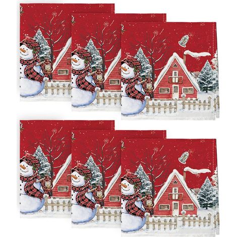 Lot de 6 serviettes de table en tissu rouge, motif maison, neige, arbres, clôture, bonhomme de neige, 45 x 45 cm, décoration de cuisine, dîner, café, célébration (1/5)