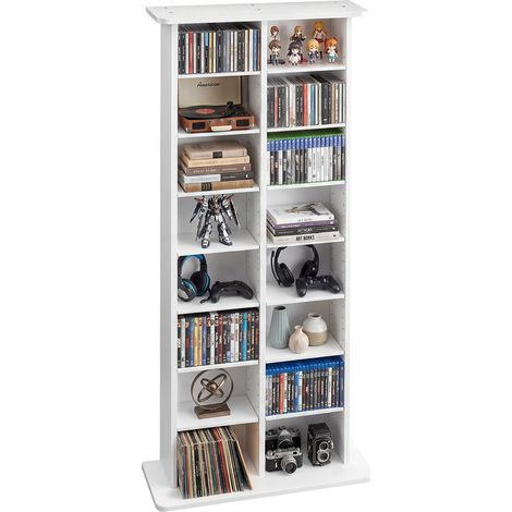 VEVOR Medienregal, 8-lagiges CD-Regal, 559x222x1295 mm, Multimedia-Aufbewahrung für CDs, DVDs, Bücher & Spiele, Raumteiler Schrank mit 16 Fächern für Wohnzimmer, Homeoffice, Aufnahmeraum, Weiß (1/5)