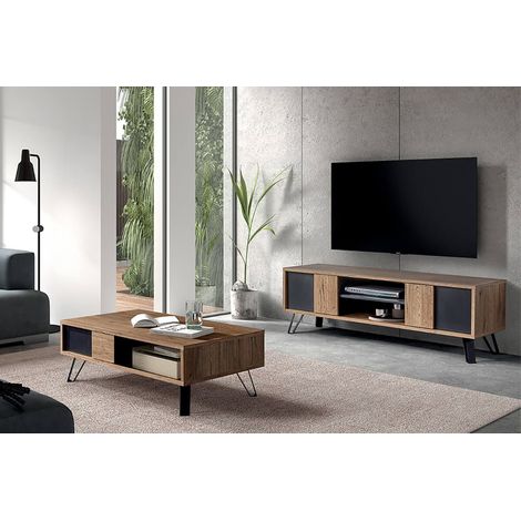 Altobuy – Ensemble salon meuble TV et table basse – Effet bois naturel et noir – Piètement métal – Dimensions table 110x60xH38cm, meuble 156x45xH51cm (1/5)